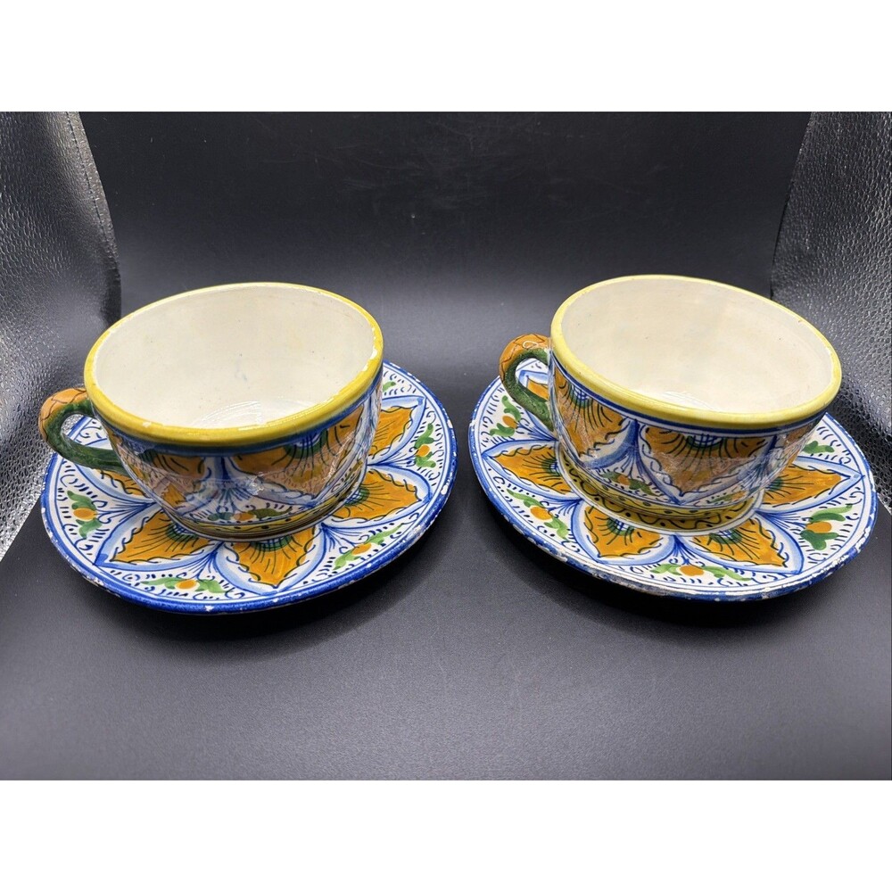 Vintage Hand Painted Spanish Pottery Large Cups And Saucer (2)